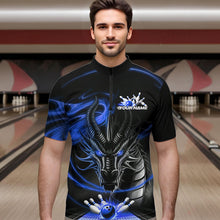 Load image into Gallery viewer, Custom Black And Blue Flame Dragon Bowling Team Men Quarter-Zip Shirts, Bowling League Shirt IPHW8913