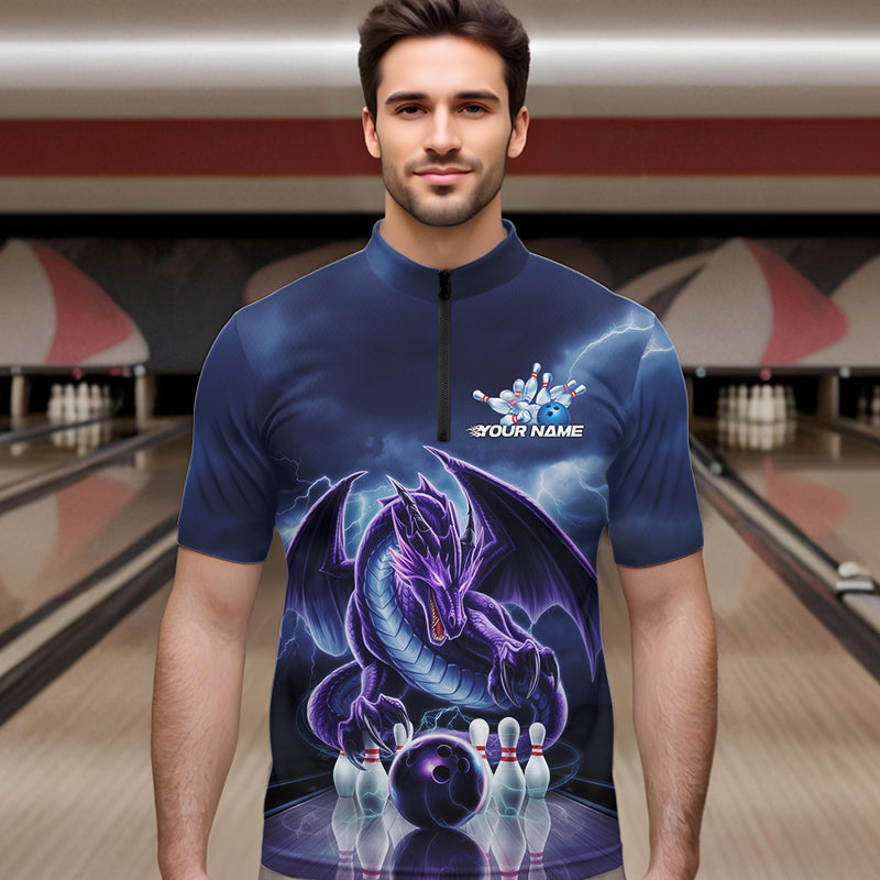 Custom Blue Thunder Lightning Purple Dragon Bowling Team Men Quarter-Zip Shirts, Bowlers Outfit IPHW8922