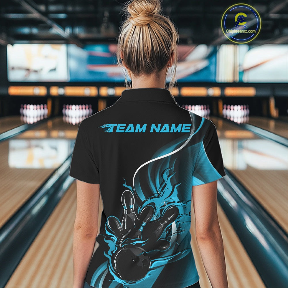 Female model back view in bowling center wearing black and blue polo shirt showcasing flame bowling ball striking pins in vivid sports illustration.
