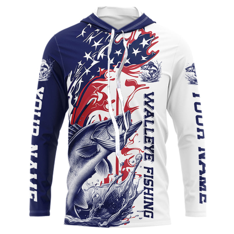 Custom Patriotic Walleye Long Sleeve Hooded Fishing Shirts, Red White And Blue Fishing Shirt IPHW9130