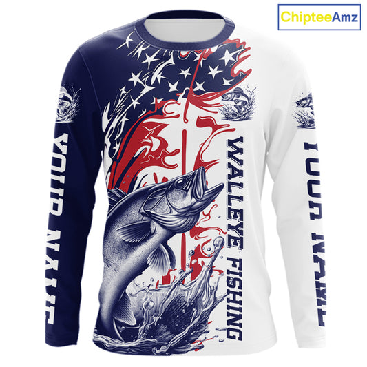 Custom Patriotic Walleye Long Sleeve Fishing Shirts, Red White And Blue Fishing Shirt IPHW9130