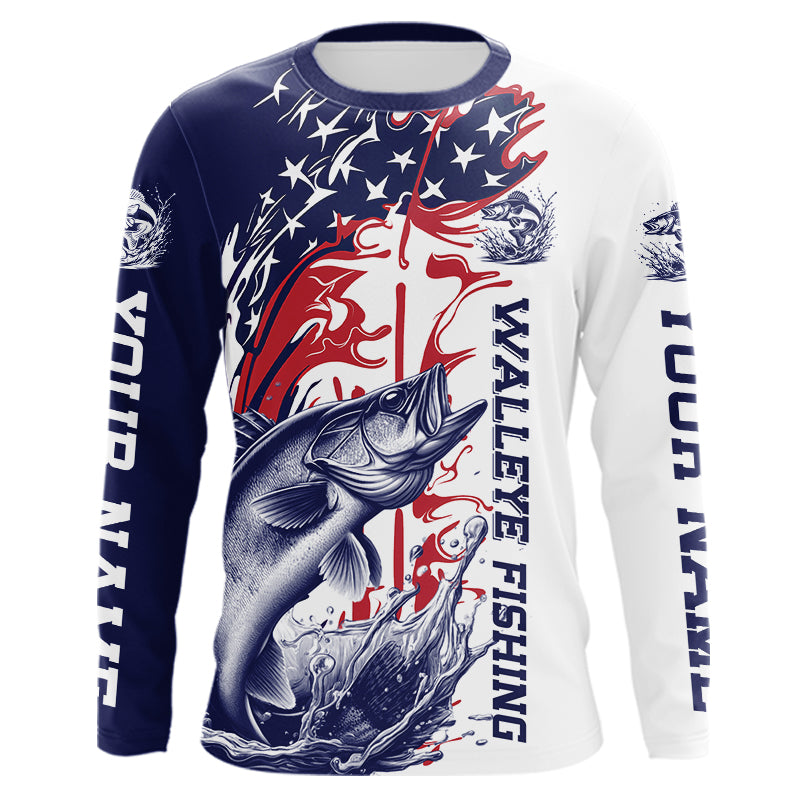 Custom Patriotic Walleye Long Sleeve Fishing Shirts, Red White And Blue Fishing Shirt IPHW9130