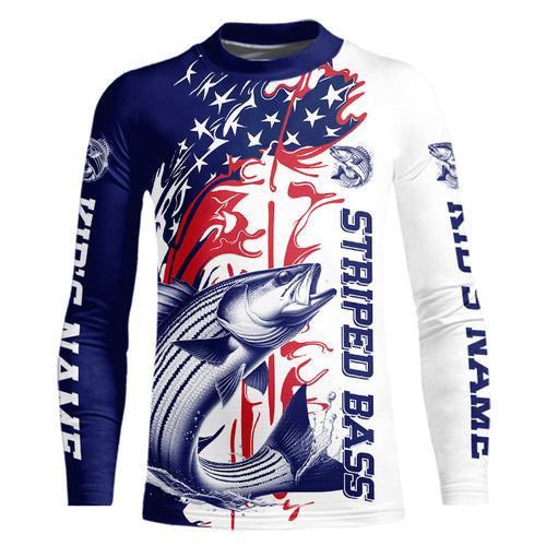 Custom Patriotic Striped Bass Kid Long Sleeve Fishing Shirts, Red White And Blue Fishing Shirt IPHW9131