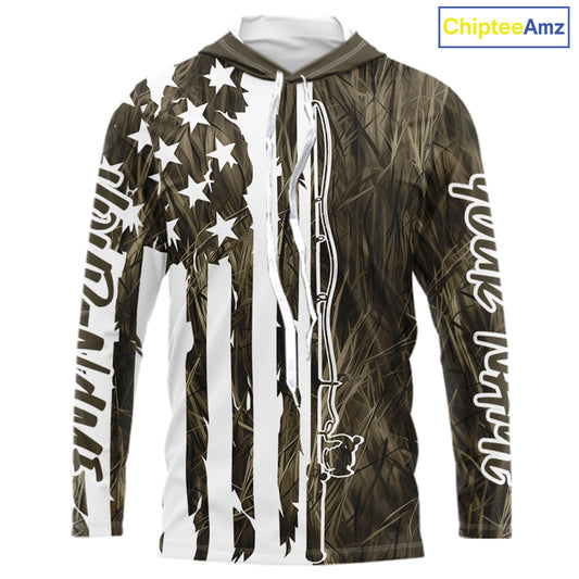 Custom US Fishing Rod Grass Camo Patriotic Long Sleeve Hooded Fishing Shirts IPHW9135