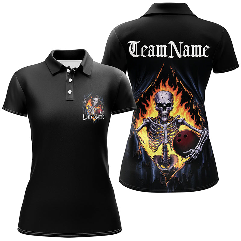 Custom Skull Bowling Polo Shirts For Women, Skeleton Halloween Ladies Bowling Shirts IPHW6805