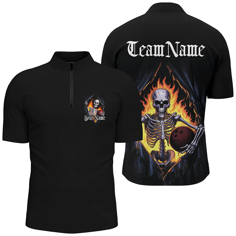 Custom Skull Bowling Quarter Zip Shirts For Men, Skeleton Halloween Bowling Shirts Outfit Bowling IPHW6805