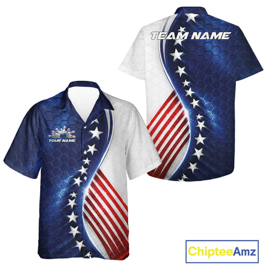 Custom short-sleeve button-up shirt shown from both front and back views, featuring a patriotic American flag design with blue honeycomb texture, white stars, and red and white stripes. Includes customizable text placeholders 'TEAM NAME' and 'YOUR NAME'.