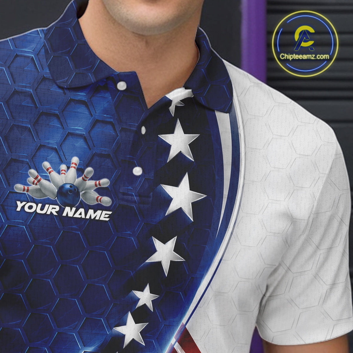Custom Patriotic Bowling Shirt, Red White And Blue Hexagon American Flag Men Polo Shirt IPHW11640