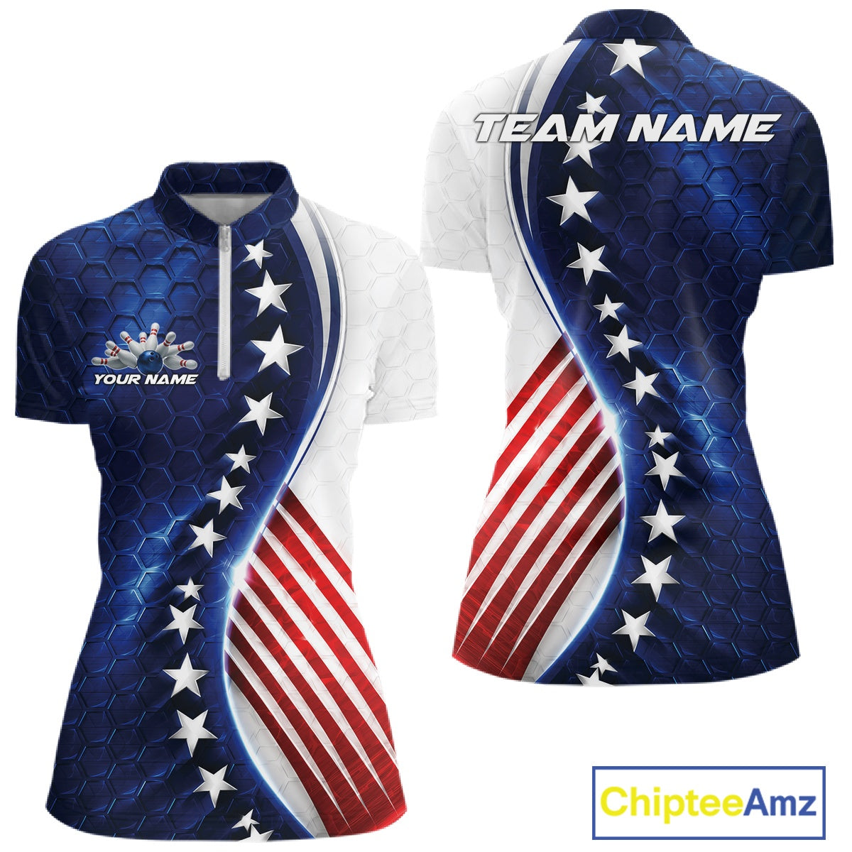 Custom Patriotic Bowling Shirt, Red White And Blue Hexagon American Flag Women Shirt IPHW11640