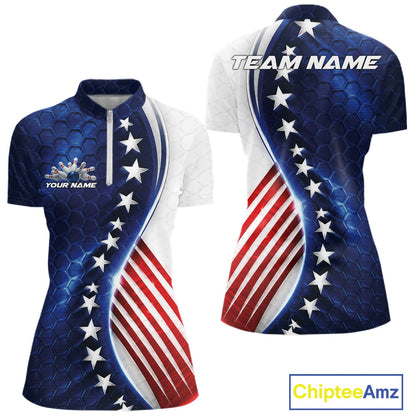 Custom Patriotic Bowling Shirt, Red White And Blue Hexagon American Flag Women Shirt IPHW11640