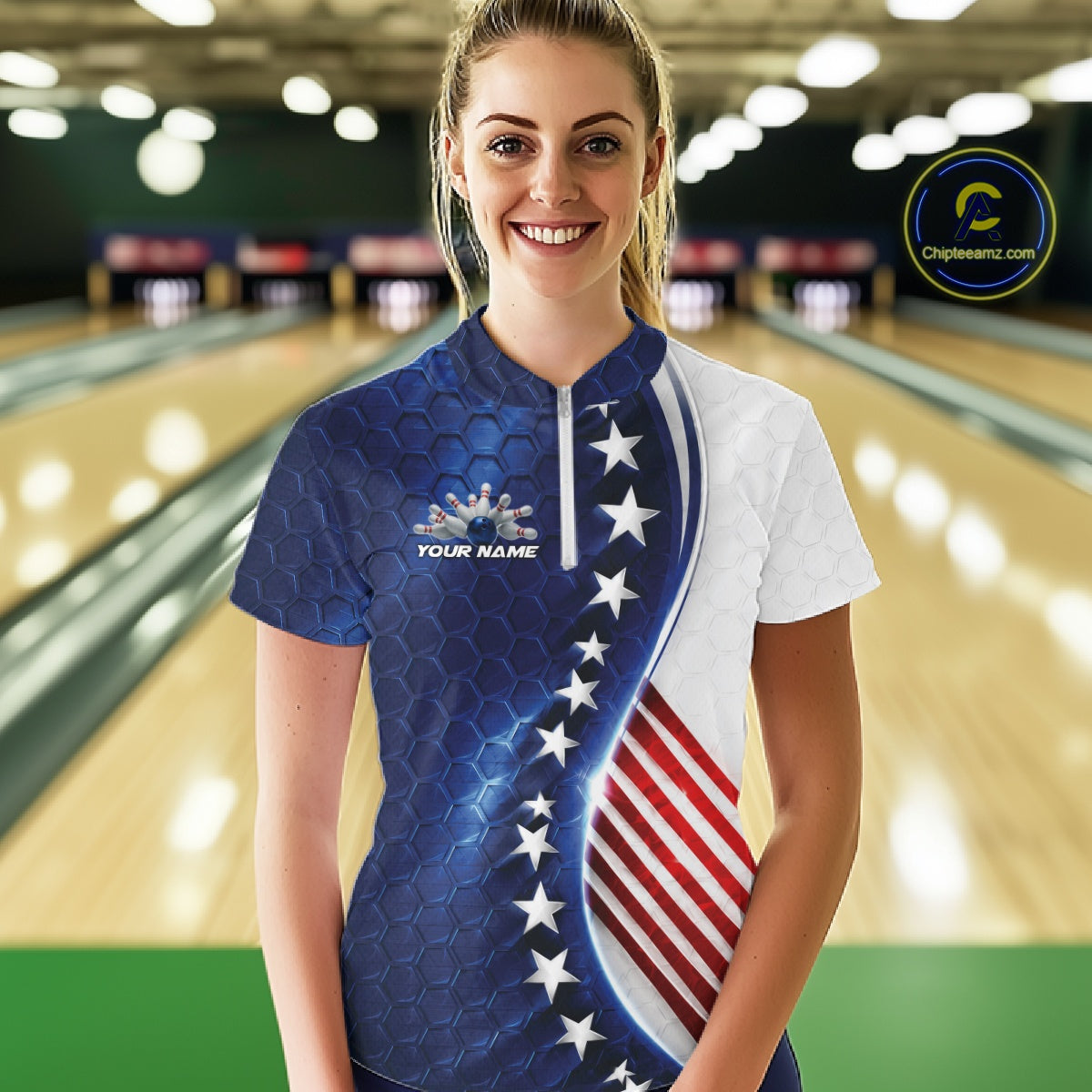 Custom Patriotic Bowling Shirt, Red White And Blue Hexagon American Flag Women Shirt IPHW11640