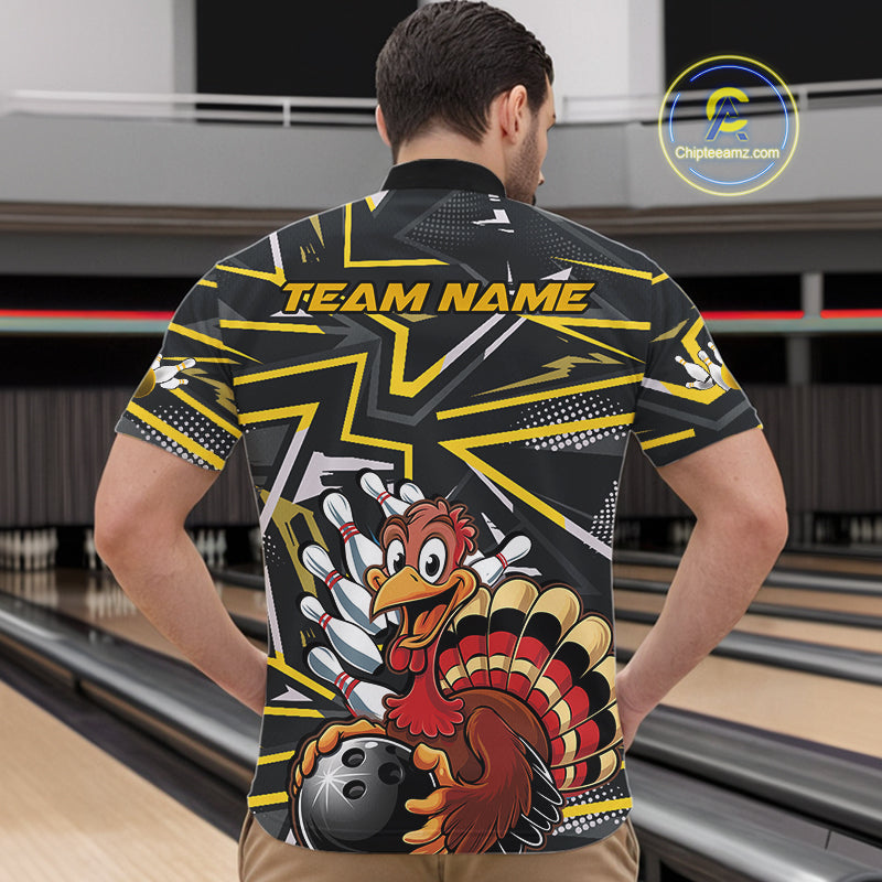 Custom Funny Turkey Bowling Jerseys, Yellow Thanksgiving Bowling Team Men Quarter-Zip Shirt IPHW9722