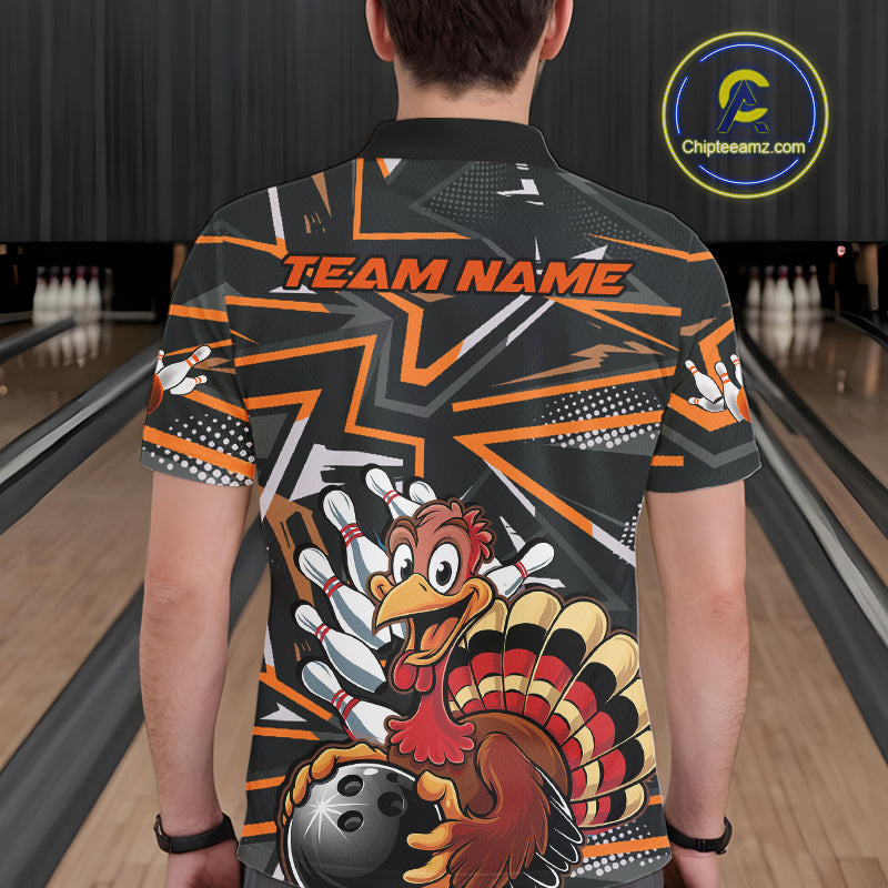 Custom Funny Turkey Bowling Jerseys, Orange Thanksgiving Bowling Team Men Polo Shirt IPHW9723