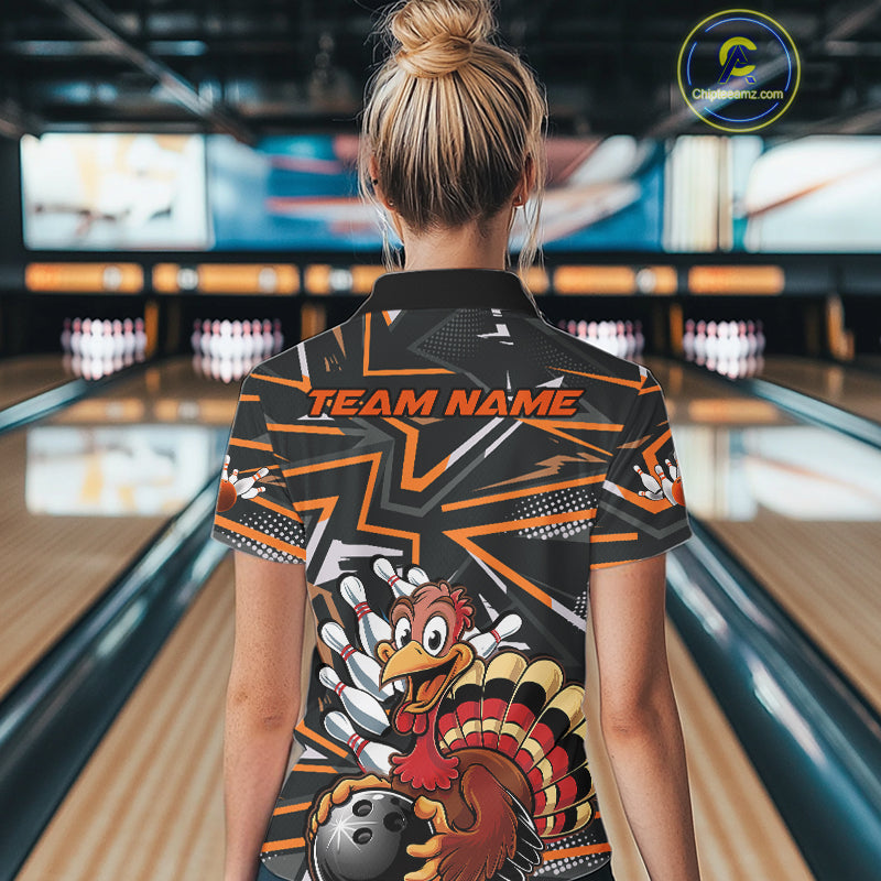 Custom Funny Turkey Bowling Jerseys, Orange Thanksgiving Bowling Team Women Polo Shirt IPHW9723