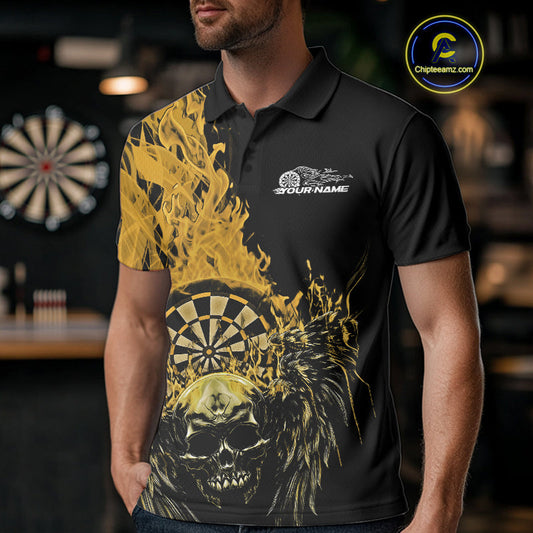 Custom Yellow Fire Flame Skull With Wings Dart Team Men Polo Shirt, Halloween Outfit IPHW10047