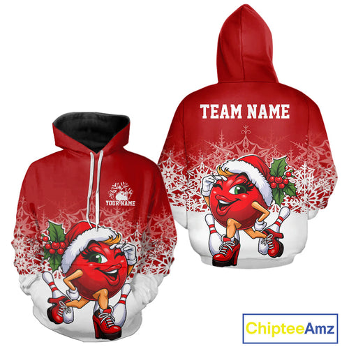 Custom Cute Funny Ladies Christmas Bowling Hoodie Shirts, Women Team Xmas Bowling Outfit IPHW10135