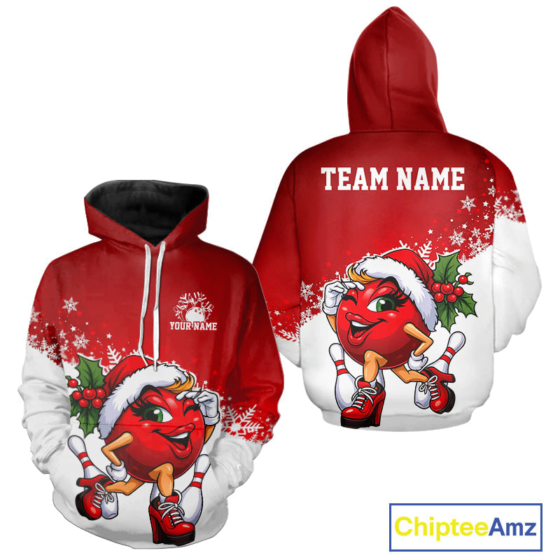 Custom Cute Funny Ladies Christmas Bowling Hoodie Shirts, Women Team Xmas Bowling Outfit IPHW10136
