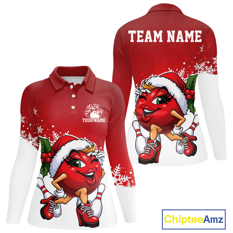 Custom Cute Funny Ladies Christmas Bowling Long Sleeve Polo Shirts, Women Team Xmas Outfit IPHW10136
