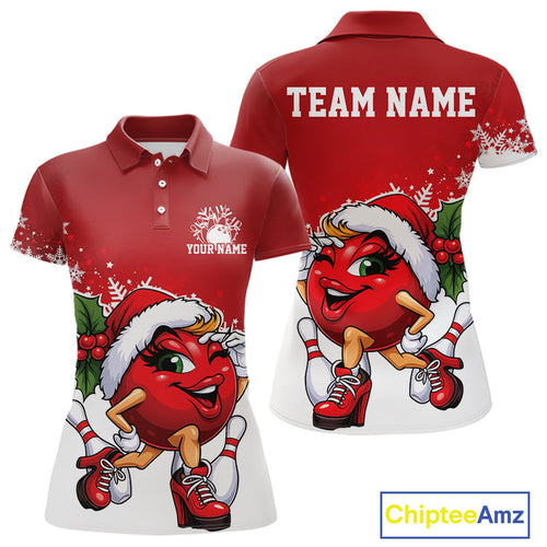 Custom Cute Funny Ladies Christmas Bowling Polo Shirts, Women Team Xmas Bowling Outfit IPHW10136