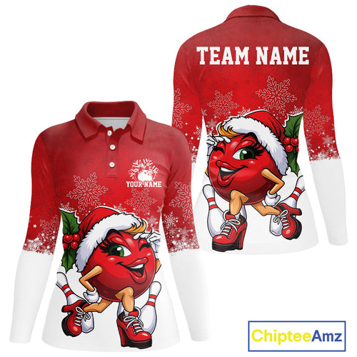 Custom Cute Funny Ladies Christmas Bowling Long Sleeve Polo Shirts, Women Team Xmas Outfit IPHW10137
