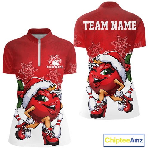 Custom Cute Funny Ladies Christmas Bowling Quarter-Zip Shirts, Women Team Xmas Outfit IPHW10137