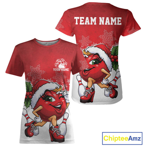 Custom Cute Funny Ladies Christmas Bowling T-Shirts, Women Team Xmas Bowling Outfit IPHW10137