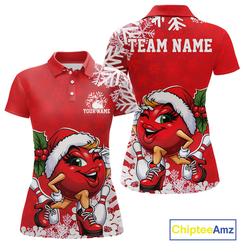 Custom Cute Funny Ladies Christmas Bowling Polo Shirts, Women Team Xmas Bowling Outfit IPHW10138
