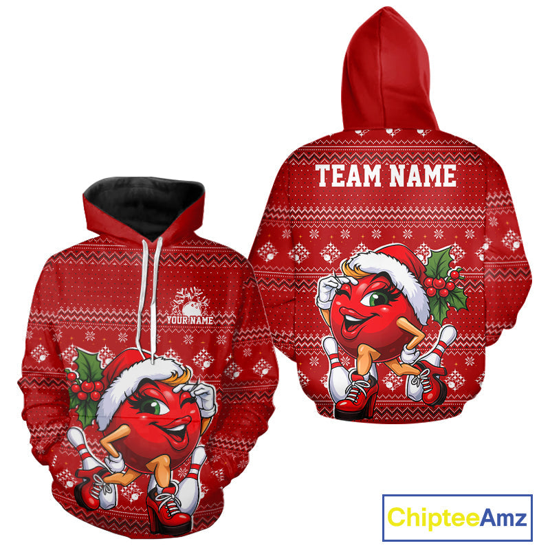 Custom Cute Funny Ladies Christmas Bowling Hoodie Shirts, Women Team Xmas Bowling Outfit IPHW10139