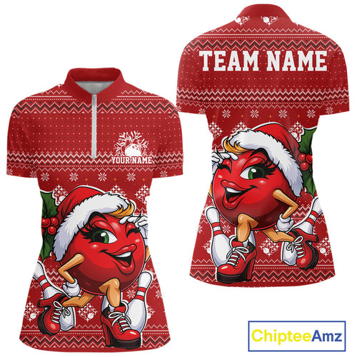 Custom Cute Funny Ladies Christmas Bowling Quarter-Zip Shirts, Women Team Xmas Outfit IPHW10139