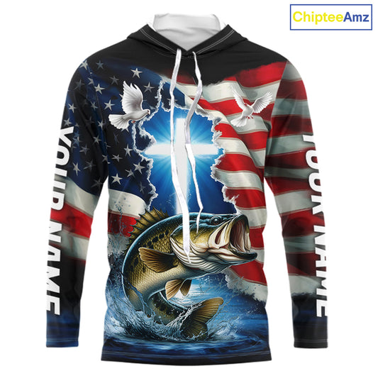 Custom Faith Largemouth Bass Patriotic Long Sleeve Hooded Fishing Shirt, US Fishing Jerseys IPHW8176