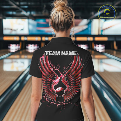 Red Thunder Lightning Bowling Wings Custom Bowling Team Polo Shirts For Women IPHW8394