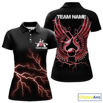 Red Thunder Lightning Bowling Wings Custom Bowling Team Polo Shirts For Women IPHW8394