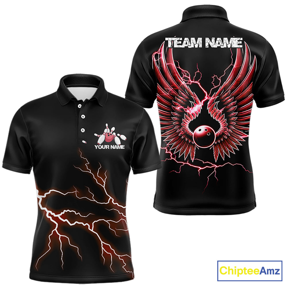 Red Thunder Lightning Bowling Wings Custom Bowling Team Polo Shirts For Men IPHW8394