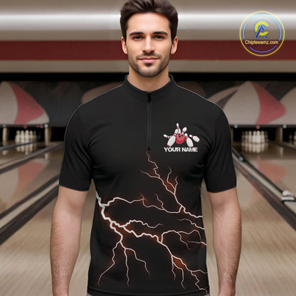 Red Thunder Lightning Bowling Wings Custom Bowling Team Quarter-Zip Shirts For Men IPHW8394