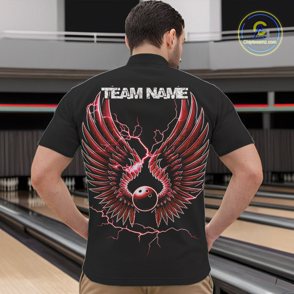 Red Thunder Lightning Bowling Wings Custom Bowling Team Quarter-Zip Shirts For Men IPHW8394