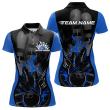 Load image into Gallery viewer, Custom Black And Blue Flame Bowling Polo Shirts For Women, Fire Bowling League Shirt IPHW8620
