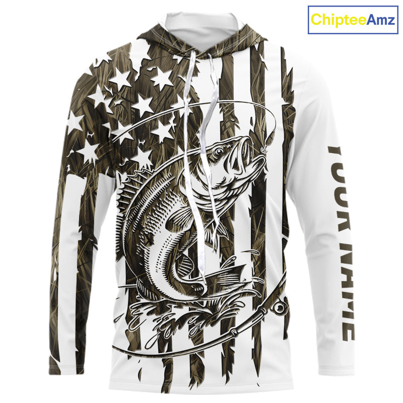 Custom Patrotic Largemouth Bass Long Sleeve Hooded Camo Fishing Shirts, Bass US Fishing Shirt IPHW9145