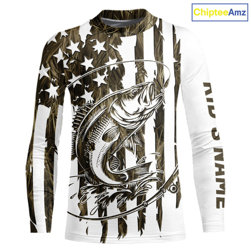 Custom Patrotic Largemouth Bass Kid Long Sleeve Camo Fishing Shirts, Bass US Fishing Shirt IPHW9145