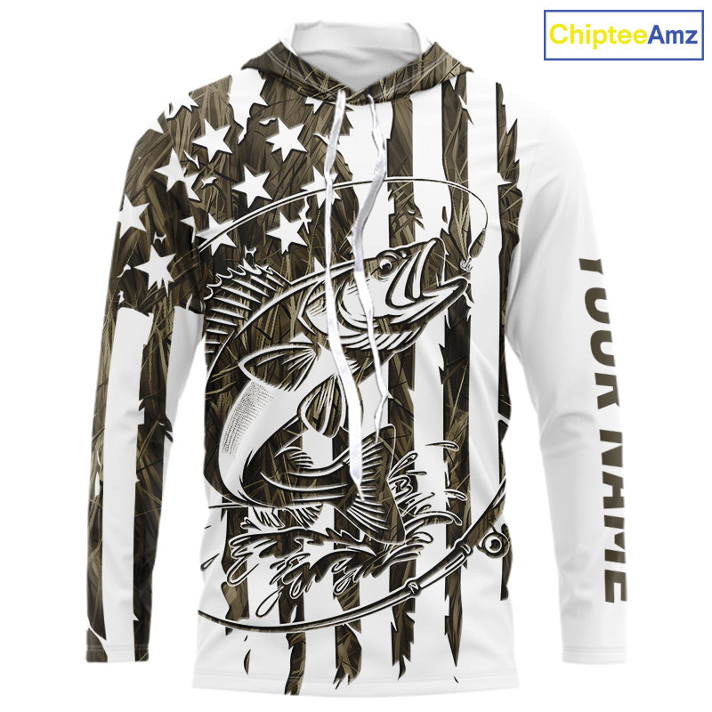 Custom Patrotic Walleye Long Sleeve Hooded Camo Fishing Shirts, Walleye US Fishing Shirt IPHW9146