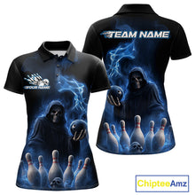 Load image into Gallery viewer, Custom Blue Flame Grim Reaper Bowling Women Polo Shirts, Skull Halloween Bowler Outfit IPHW9734