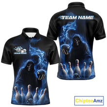 Load image into Gallery viewer, Custom Blue Flame Grim Reaper Bowling Men Polo Shirts, Skull Halloween Bowler Outfit IPHW9734