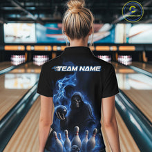 Load image into Gallery viewer, Custom Blue Flame Grim Reaper Bowling Women Quarter-Zip Shirts, Skull Halloween Outfit IPHW9734