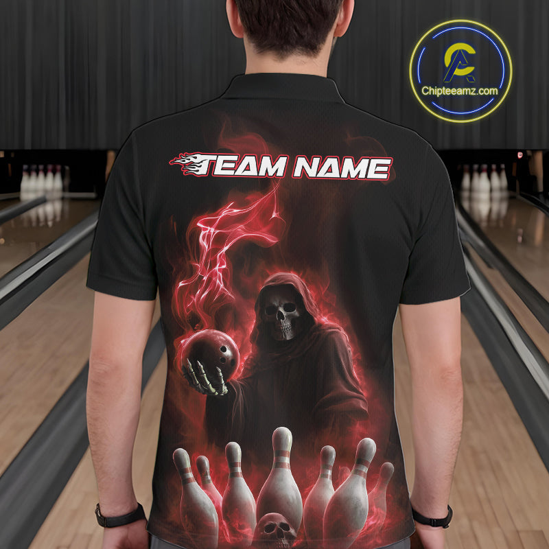 Custom Red Flame Grim Reaper Bowling Men Polo Shirts, Skull Halloween Bowler Outfit IPHW9735