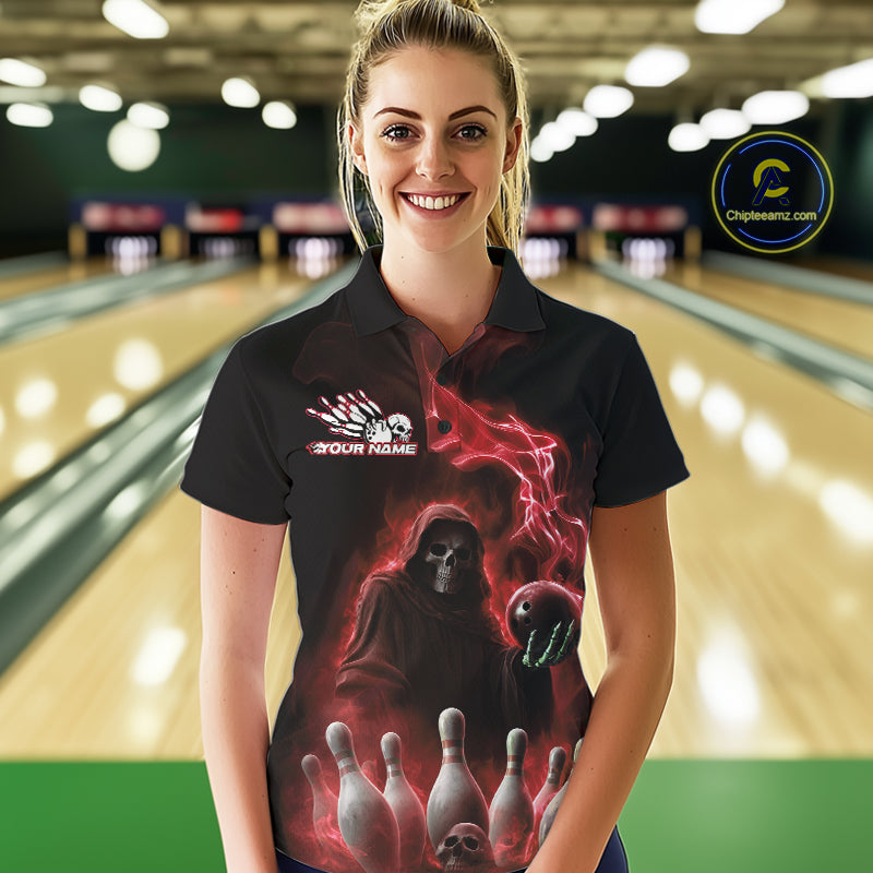 Custom Red Flame Grim Reaper Bowling Women Polo Shirts, Skull Halloween Bowler Outfit IPHW9735