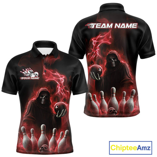 Custom Red Flame Grim Reaper Bowling Men Polo Shirts, Skull Halloween Bowler Outfit IPHW9735