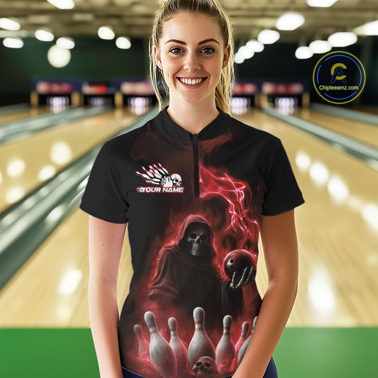 Custom Red Flame Grim Reaper Bowling Women Quarter-Zip Shirts, Skull Halloween Outfit IPHW9735