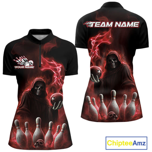 Custom Red Flame Grim Reaper Bowling Women Quarter-Zip Shirts, Skull Halloween Outfit IPHW9735