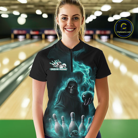 Custom Turquoise Blue Flame Grim Reaper Bowling Women Quarter-Zip Shirt, Halloween Outfit IPHW9736
