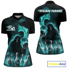 Load image into Gallery viewer, Custom Turquoise Blue Flame Grim Reaper Bowling Women Quarter-Zip Shirt, Halloween Outfit IPHW9736