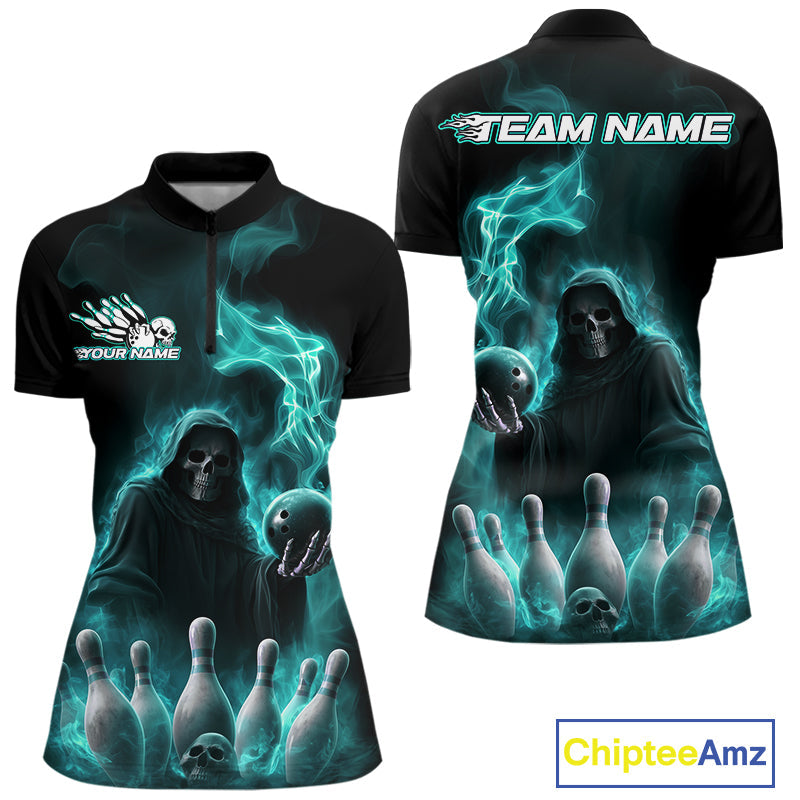 Custom Turquoise Blue Flame Grim Reaper Bowling Women Quarter-Zip Shirt, Halloween Outfit IPHW9736